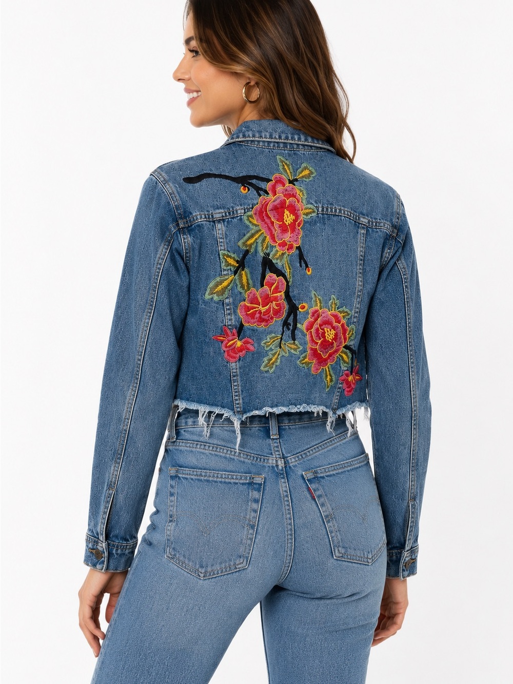Sunset + Spring Embroidered Floral Denim Jacket Cropped Distressed Hem Boho